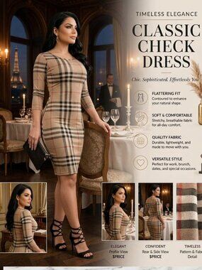 Plaid Bodycon Dress | Women's Stretch Midi Dress | Work, Church & Evening | M-XL